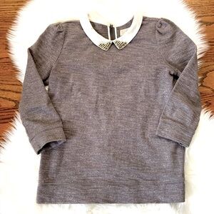 LOFT Gray Rhinestone Collar puffy Shoulders 3/4 sleeve top EUC